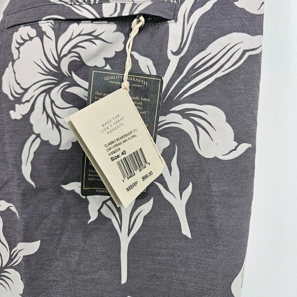 New Faherty Men Sz 40 Classic Boardshort Caf-Cream Ash Floral Lace Button Fly